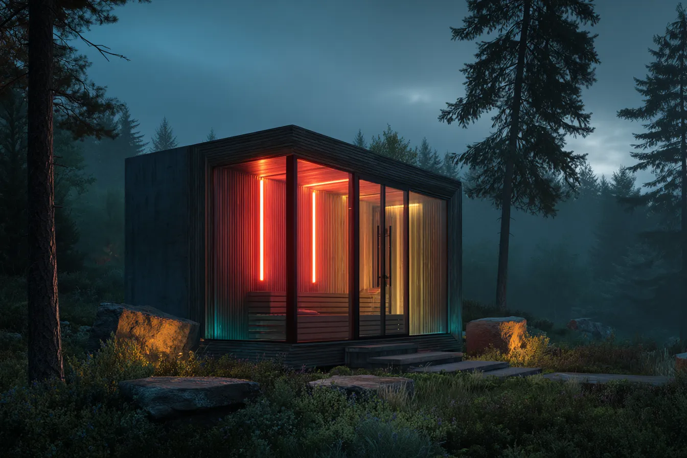 Infrared sauna with visible light panels in a Nordic outdoor setting, representing infrared sauna light technology.