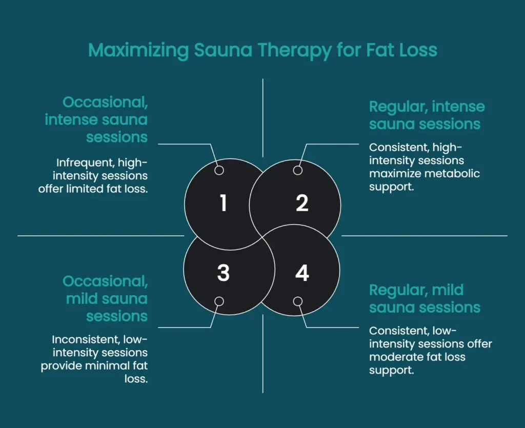 Visual comparison of different sauna session patterns showing how frequency and intensity may influence metabolic support and fat loss outcomes.