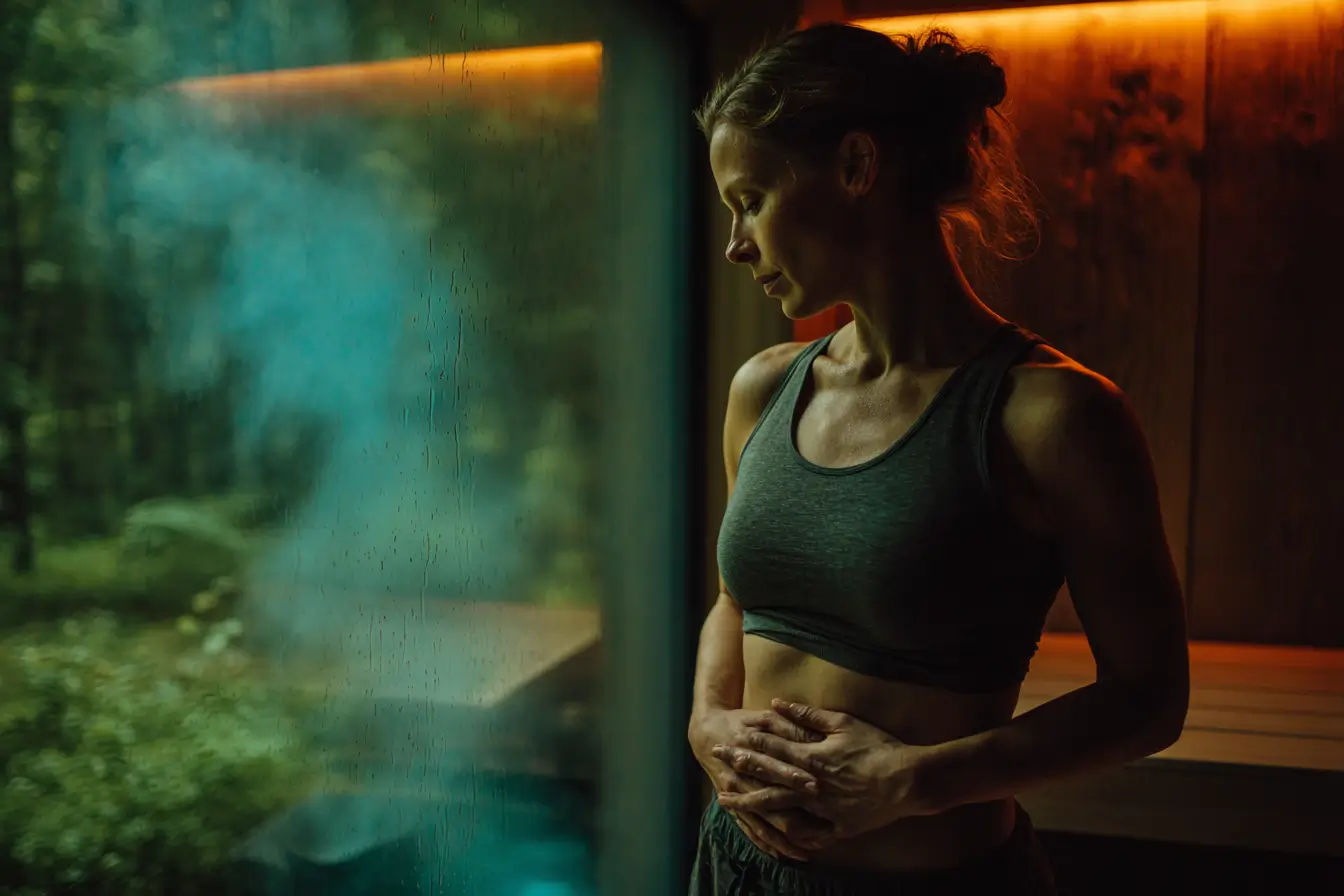 Woman standing inside a traditional sauna with hands on her abdomen, illustrating heat exposure and its potential role in belly fat reduction.