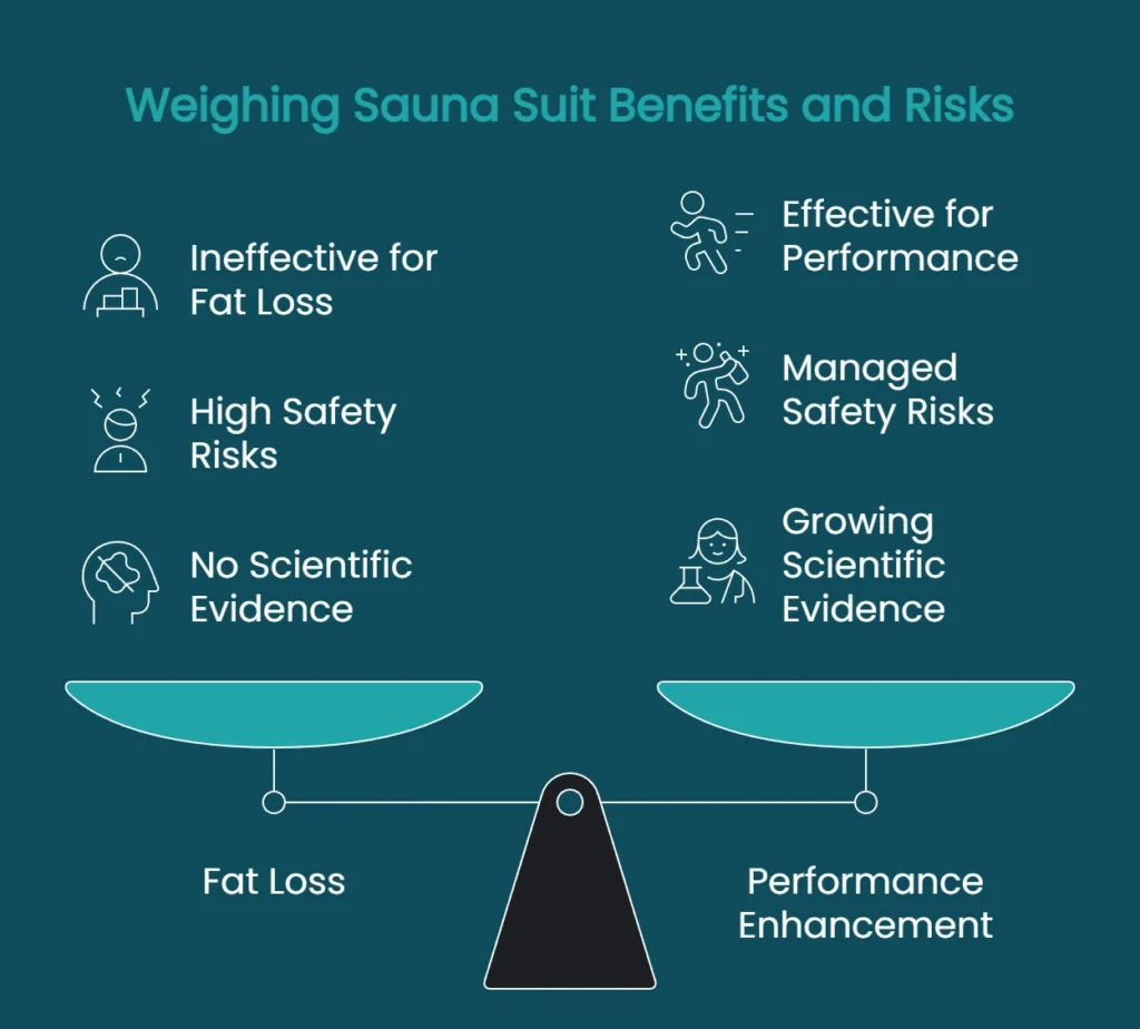 Balance graphic comparing sauna suit effectiveness for performance adaptation versus risks and ineffectiveness for fat loss.