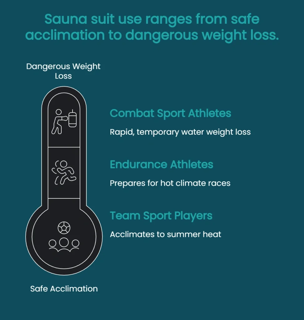 Scale illustrating how sauna suit use ranges from controlled heat acclimation in athletes to unsafe rapid water weight loss practices.