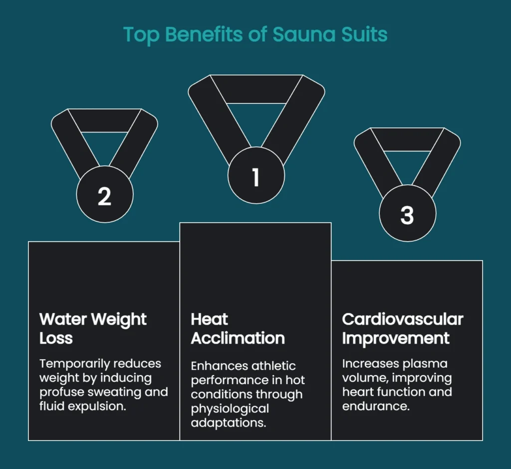 Diagram showing the primary effects of sauna suits, including temporary water weight loss, heat acclimation, and cardiovascular strain from increased core temperature.