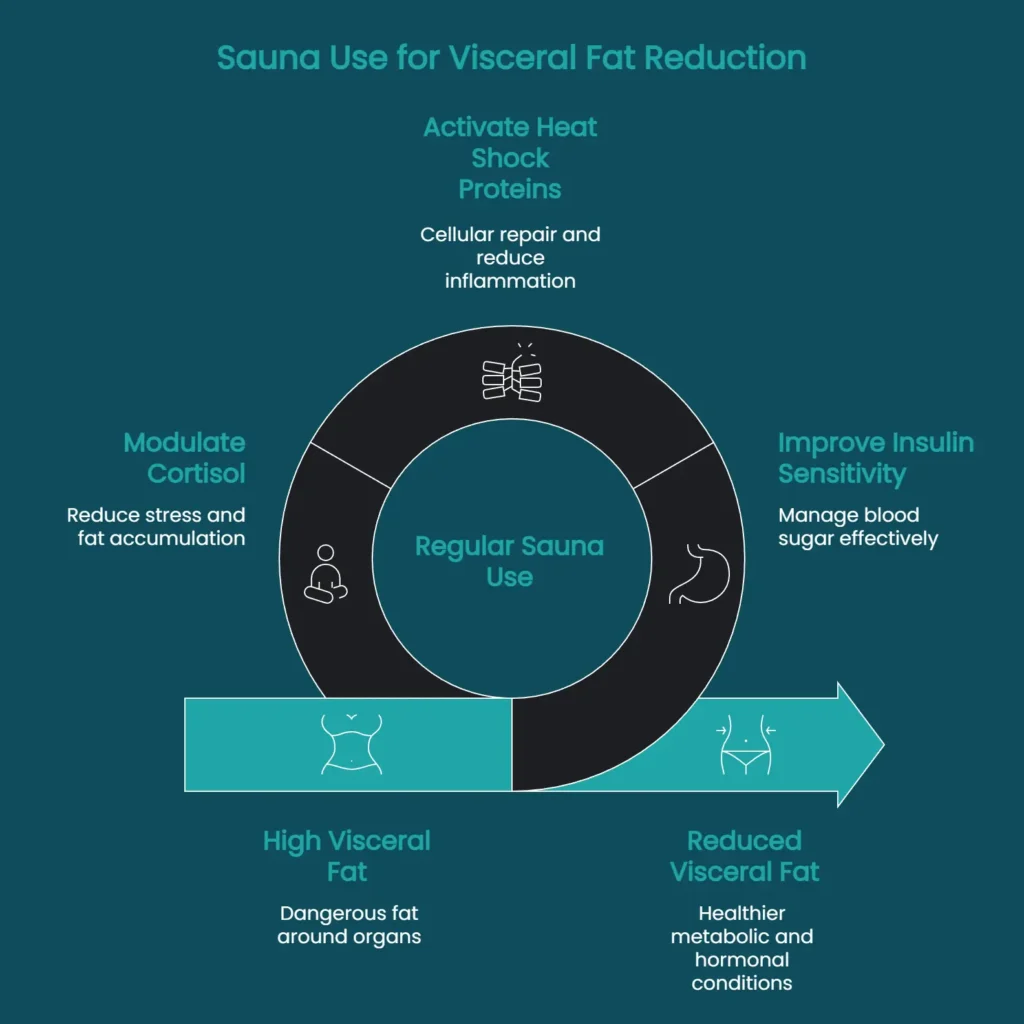 Diagram illustrating how regular sauna use is associated with stress modulation, insulin sensitivity, heat shock protein activation, and improved metabolic conditions.
