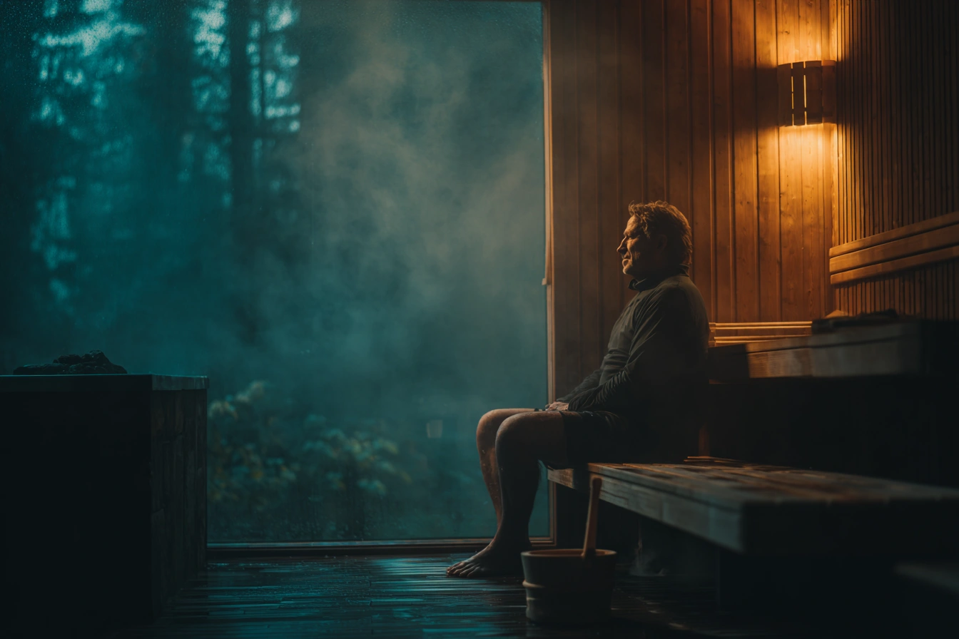 Middle-aged man sitting in a Finnish dry sauna as heat raises heart rate, circulation, and sweating.