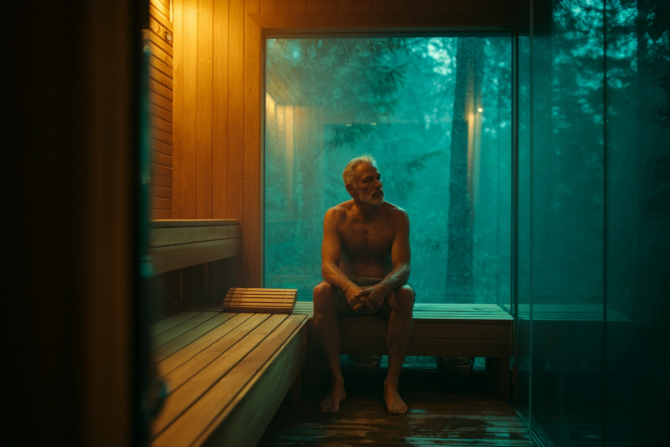 Person sitting calmly in a Finnish sauna, sweating as a natural cardiovascular response to heat exposure.