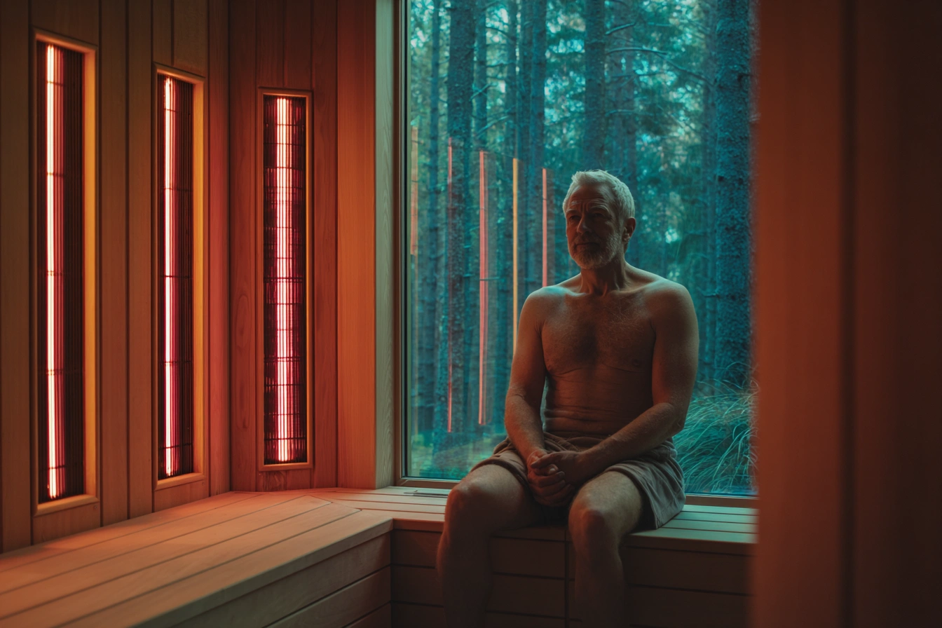 Man sitting in a modern infrared sauna with glowing heating panels and forest view, illustrating how infrared heat interacts with the body