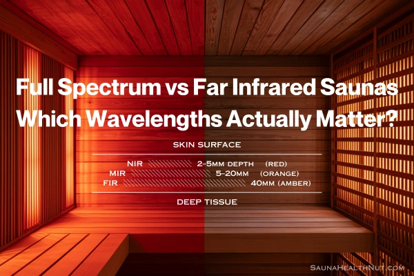 Split view inside Nordic infrared sauna showing near-infrared red light on left versus deeper amber far-infrared glow on right