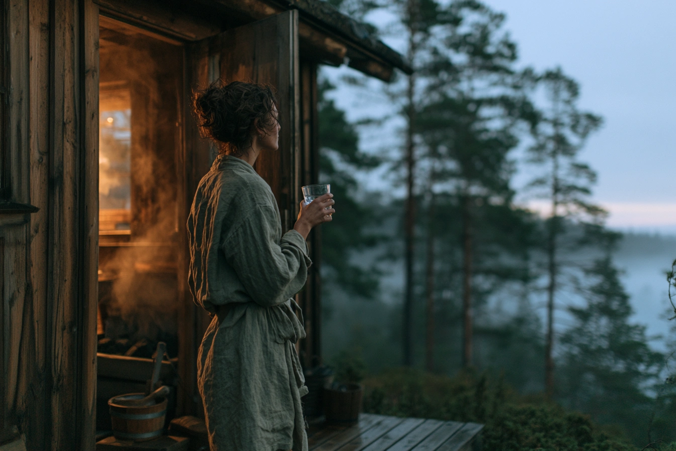 Woman drinking water outside traditional Finnish sauna cabin at dusk demonstrating post-session hydration safety protocol