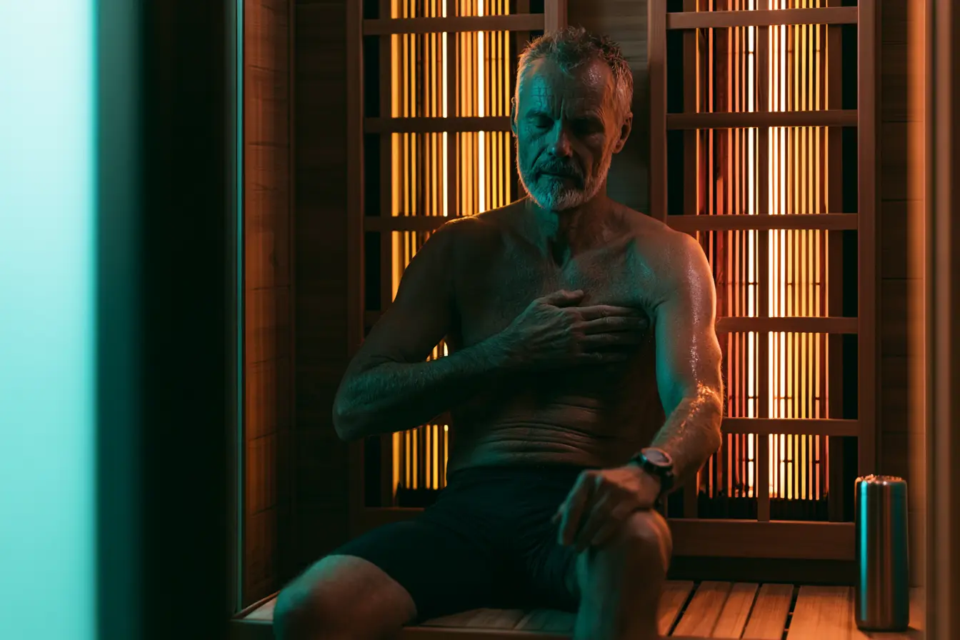 Man with hand on chest monitoring heart rate during infrared sauna session for cardiovascular health