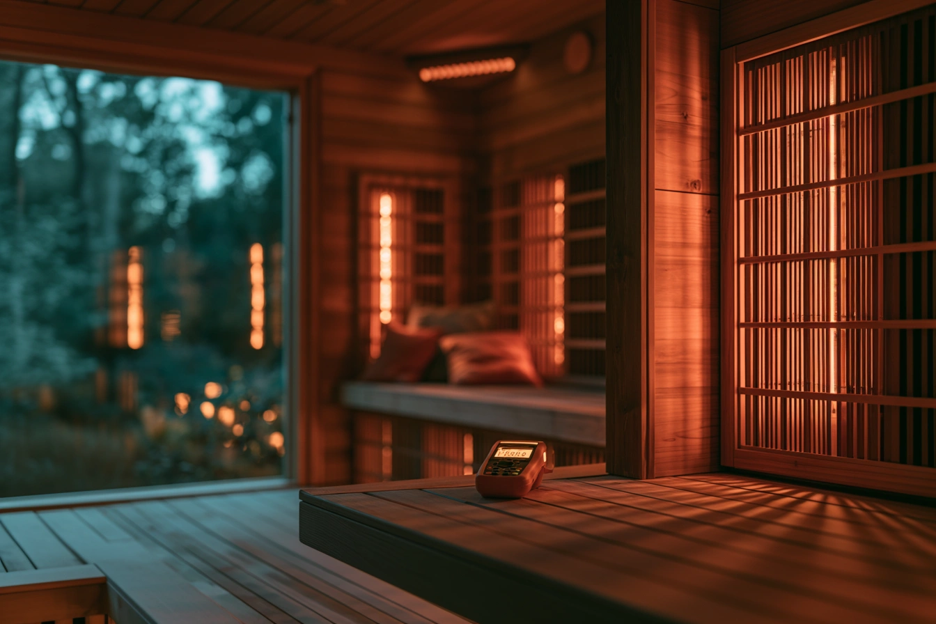 Trifield EMF meter on cedar bench inside infrared sauna cabin measuring electromagnetic field levels near heating panels
