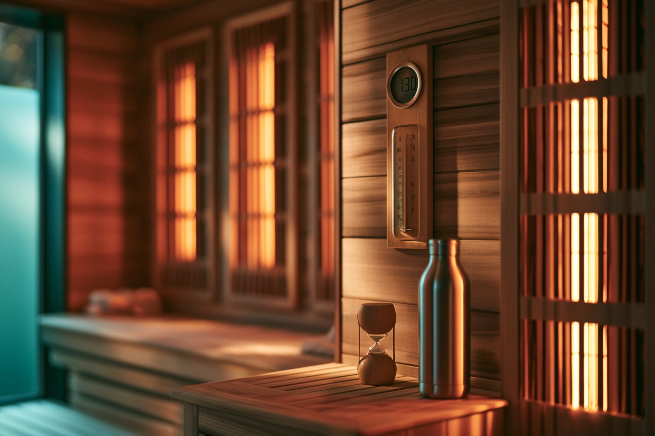 Analog thermometer and sand timer on cedar bench inside Nordic infrared sauna showing temperature and session duration guidelines