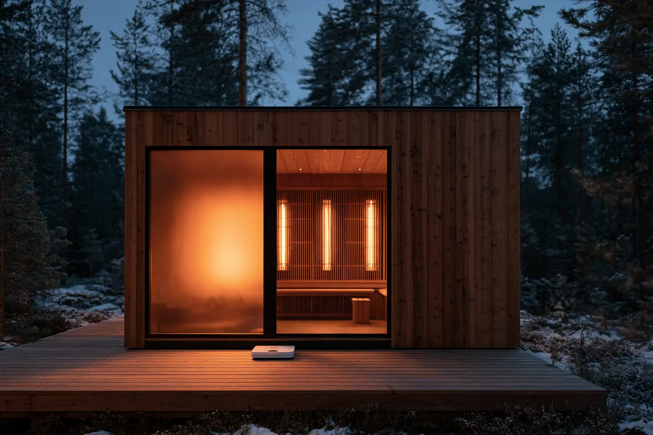 Bathroom scale on wooden deck outside Nordic infrared sauna cabin in pine forest winter setting