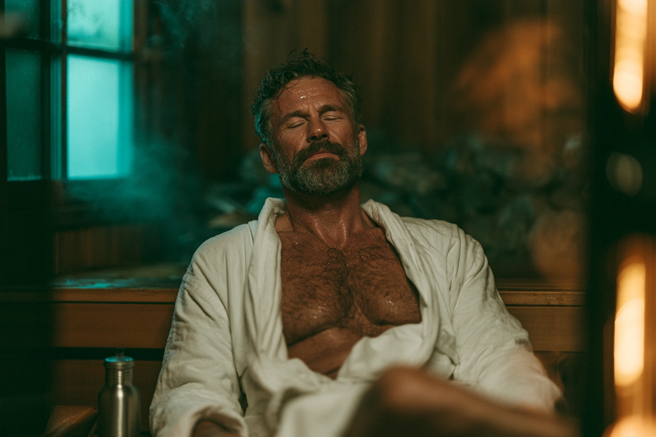 man sitting calmly in a traditional sauna for stress and anxiety relief