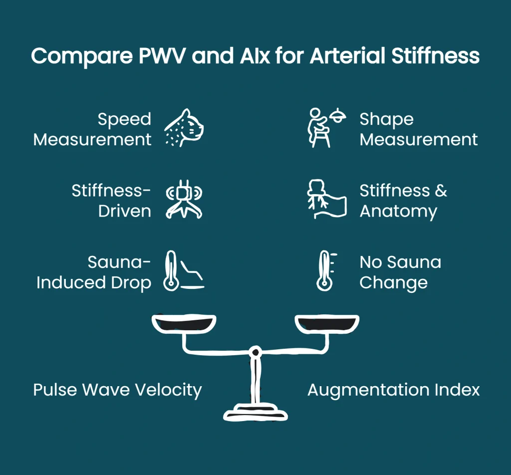 Diagram showing PWV vs AIx comparison, speed vs shape measurement and sauna response, for arterial stiffness assessment