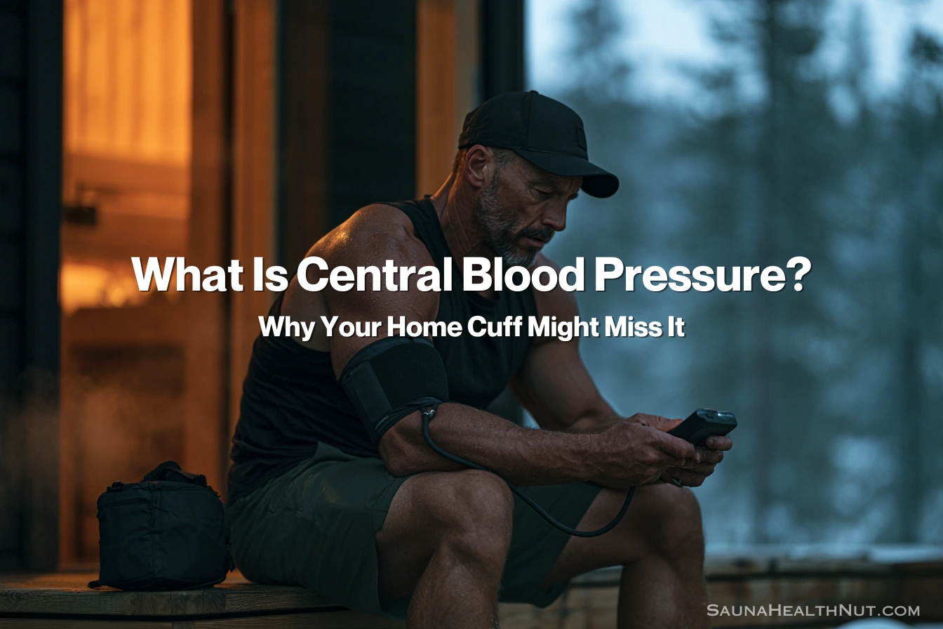 Man checking blood pressure cuff reading after sauna session, considering deeper vascular health