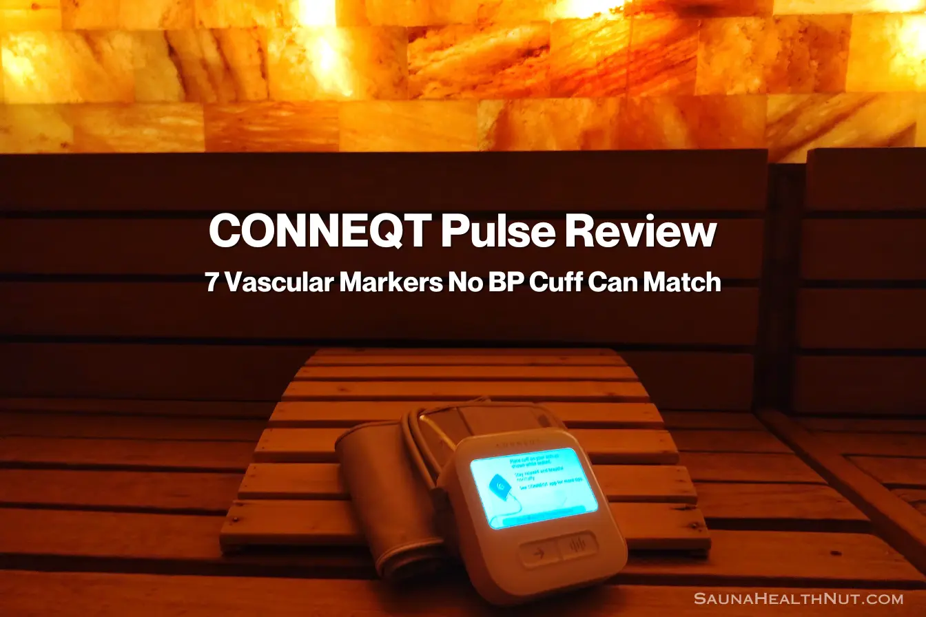 CONNEQT Pulse arterial health monitor on cedar sauna bench in salt sauna measuring central blood pressure and arterial stiffness markers