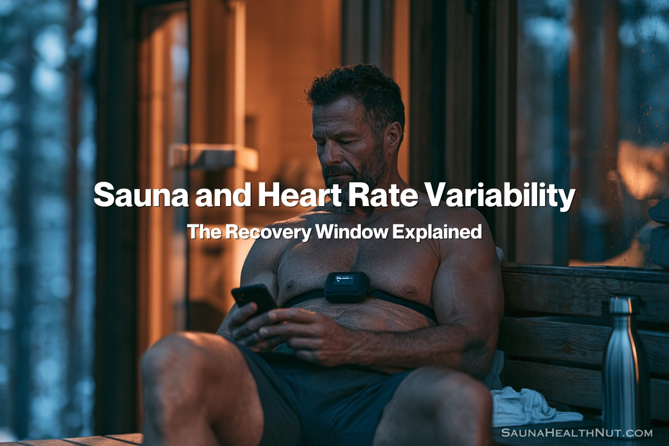 Man wearing HRV chest strap checking phone app outside Nordic sauna cabin for recovery tracking