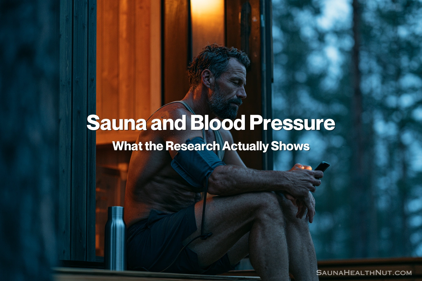 Man monitoring blood pressure with cuff outside Nordic sauna cabin for post-session cardiovascular tracking