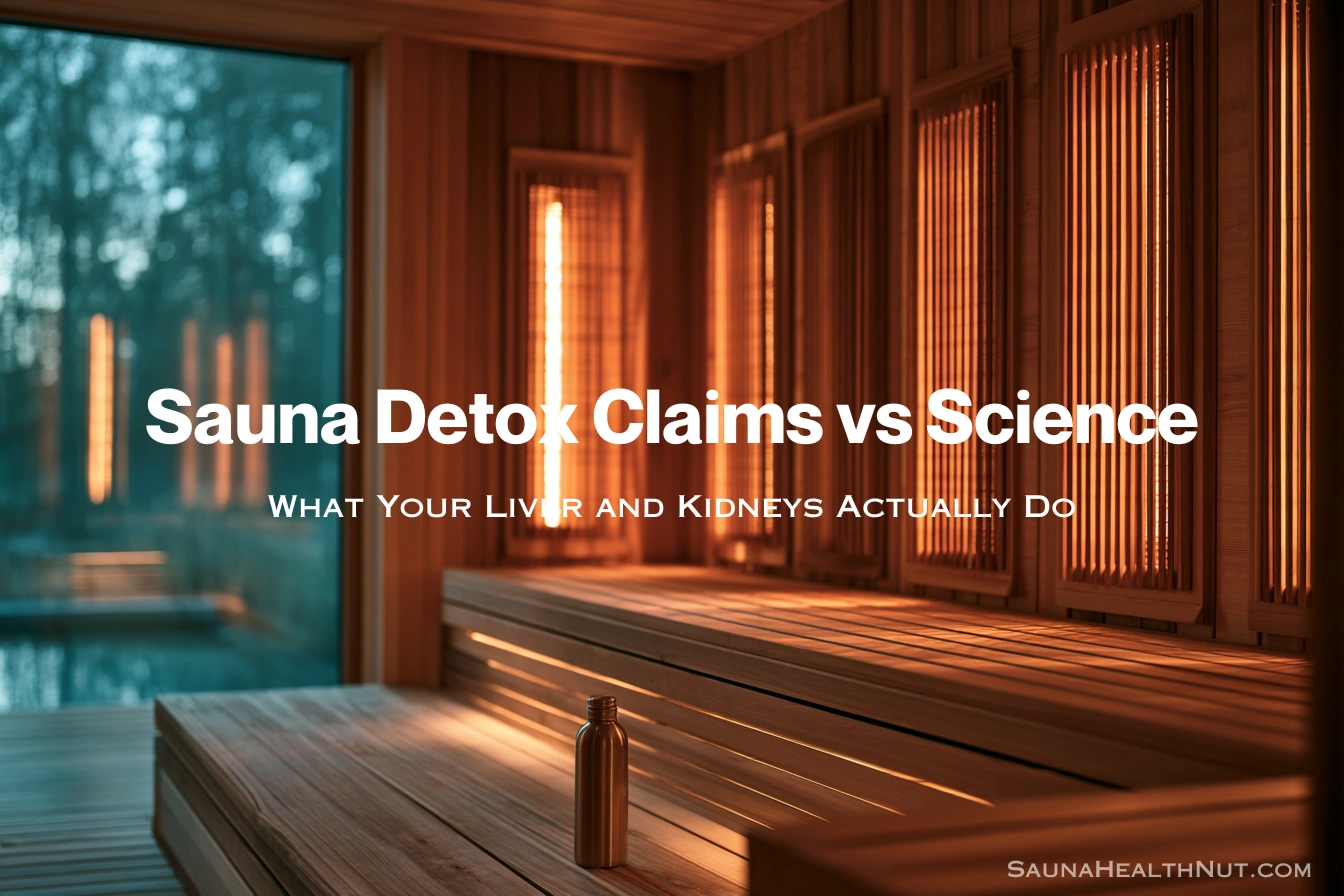 Empty Nordic infrared sauna cabin interior showing cedar panels and vertical heating elements for evidence-based detoxification analysis
