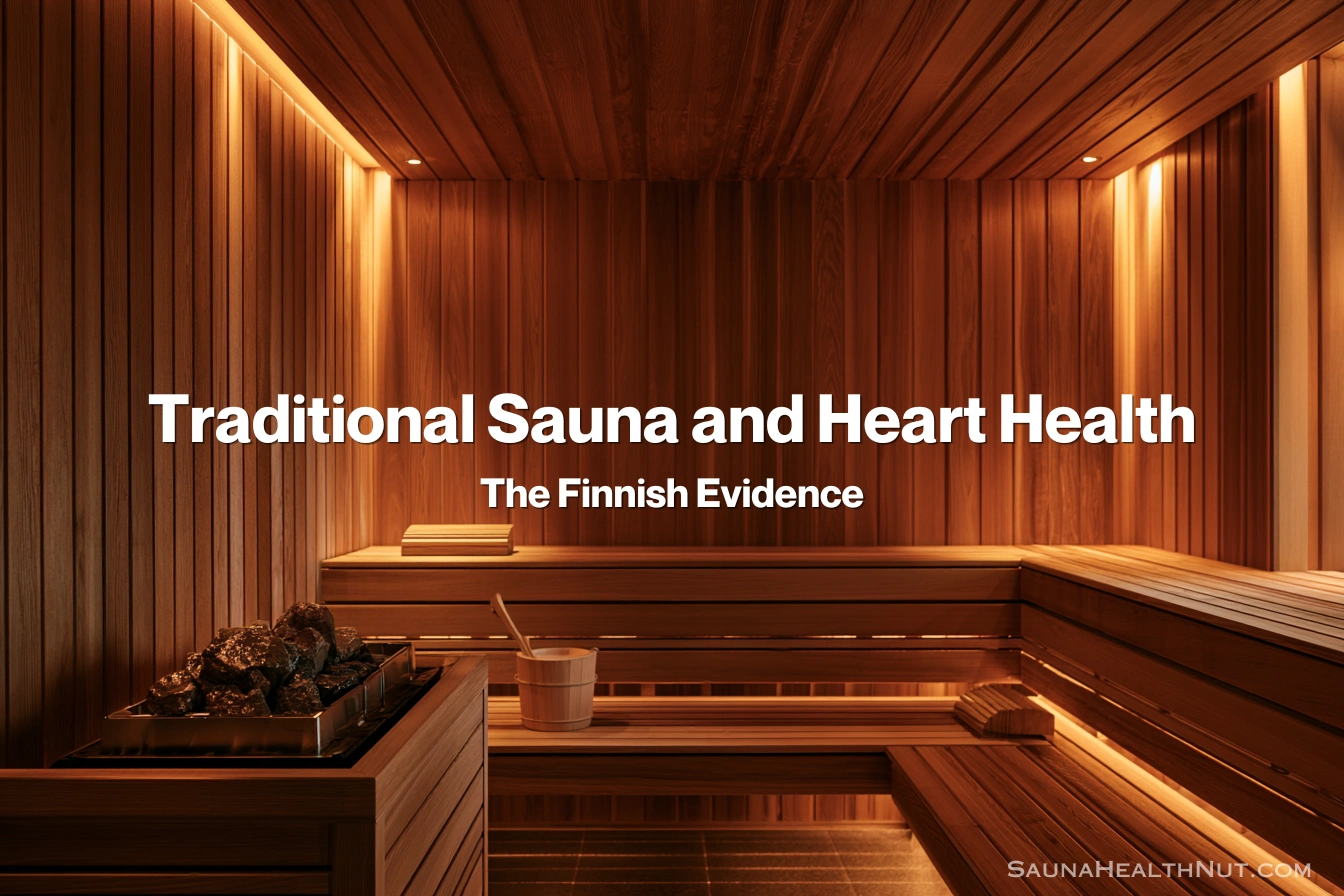 Modern traditional Finnish sauna interior with cedar panels and heated stones representing cardiovascular health research on traditional sauna use