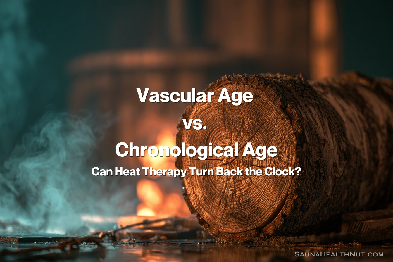 Cross-cut birch log rings by a sauna stove, symbolizing vascular age versus chronological age