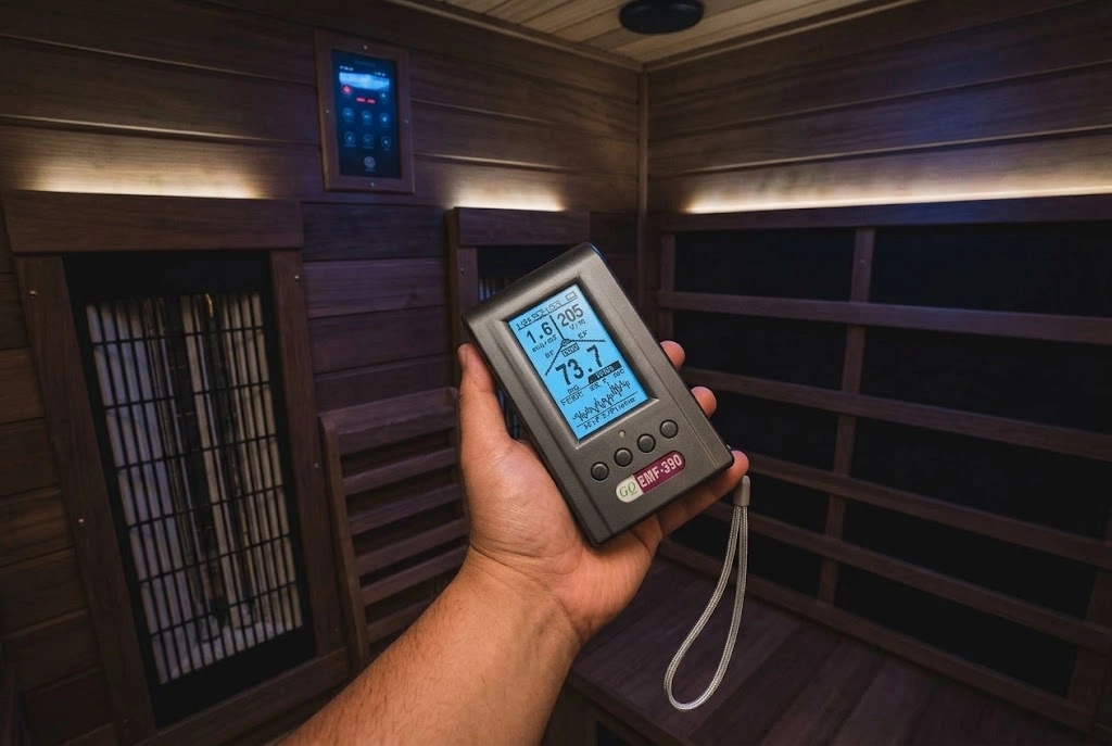 A man holding a GQ EMF-390 meter in his hand inside a infrared sauna