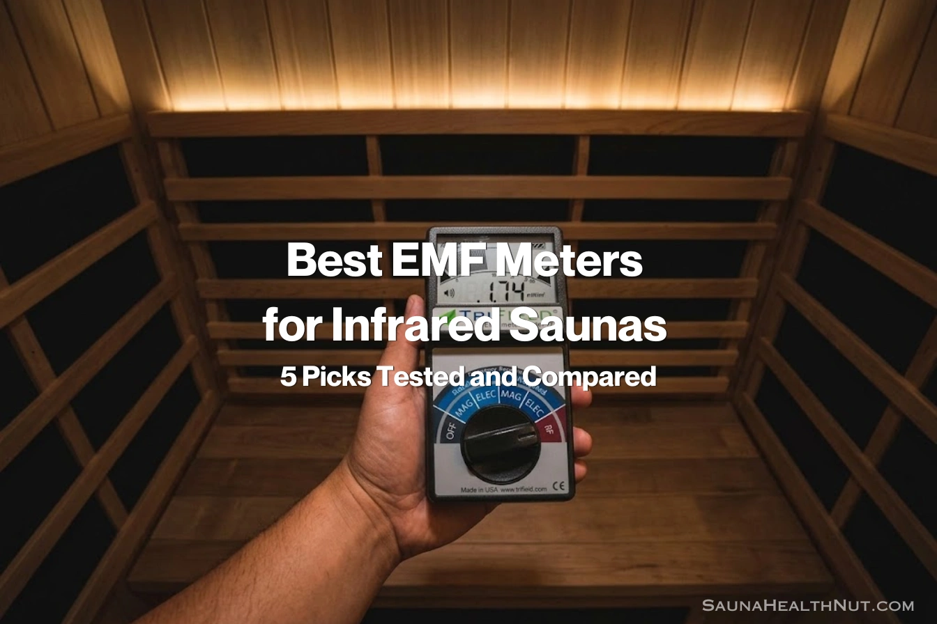 Handheld EMF meter measuring electromagnetic field levels inside an infrared sauna cabin