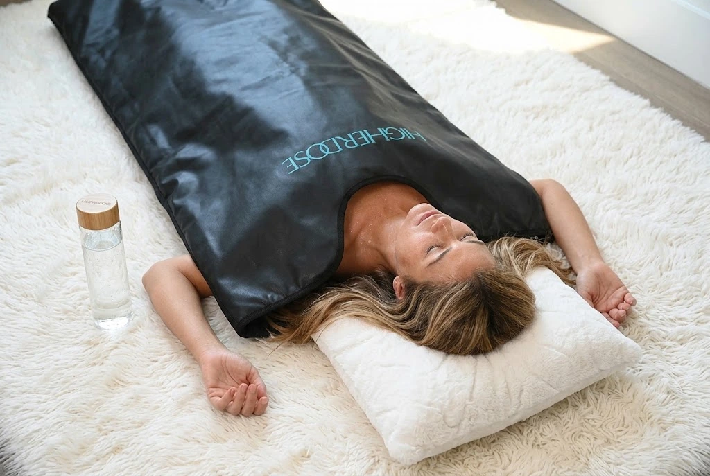 image of woman laying on ground inside a HigherDose sauna blanket with water bottle next to her