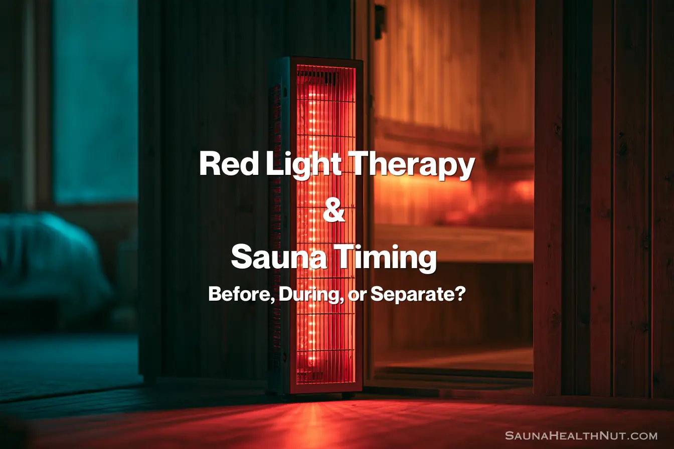 Red light therapy panel positioned next to a IR sauna entrance illustrating session timing