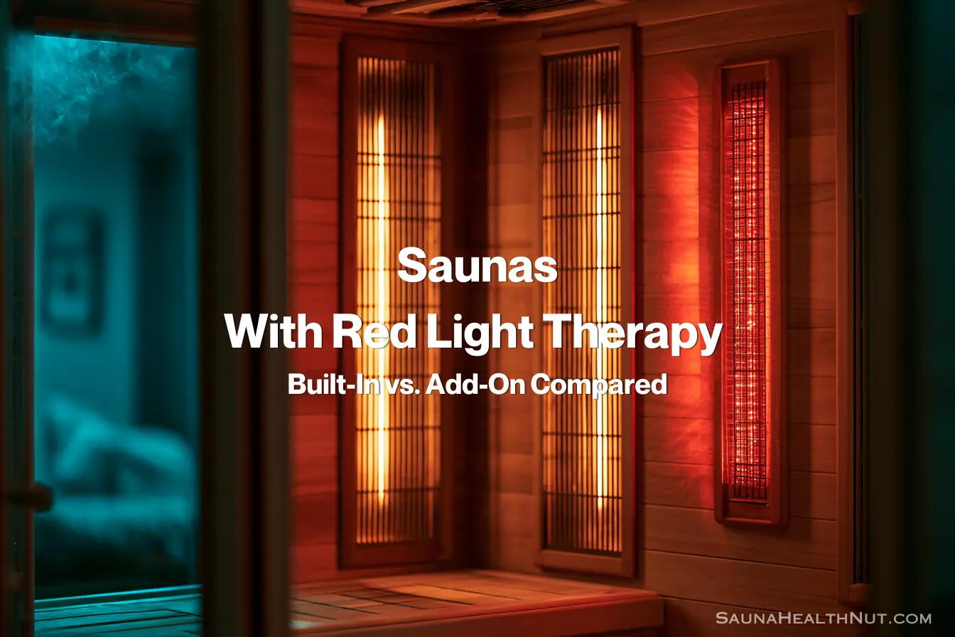 Infrared sauna cabin interior with a red light therapy panel mounted on the wall