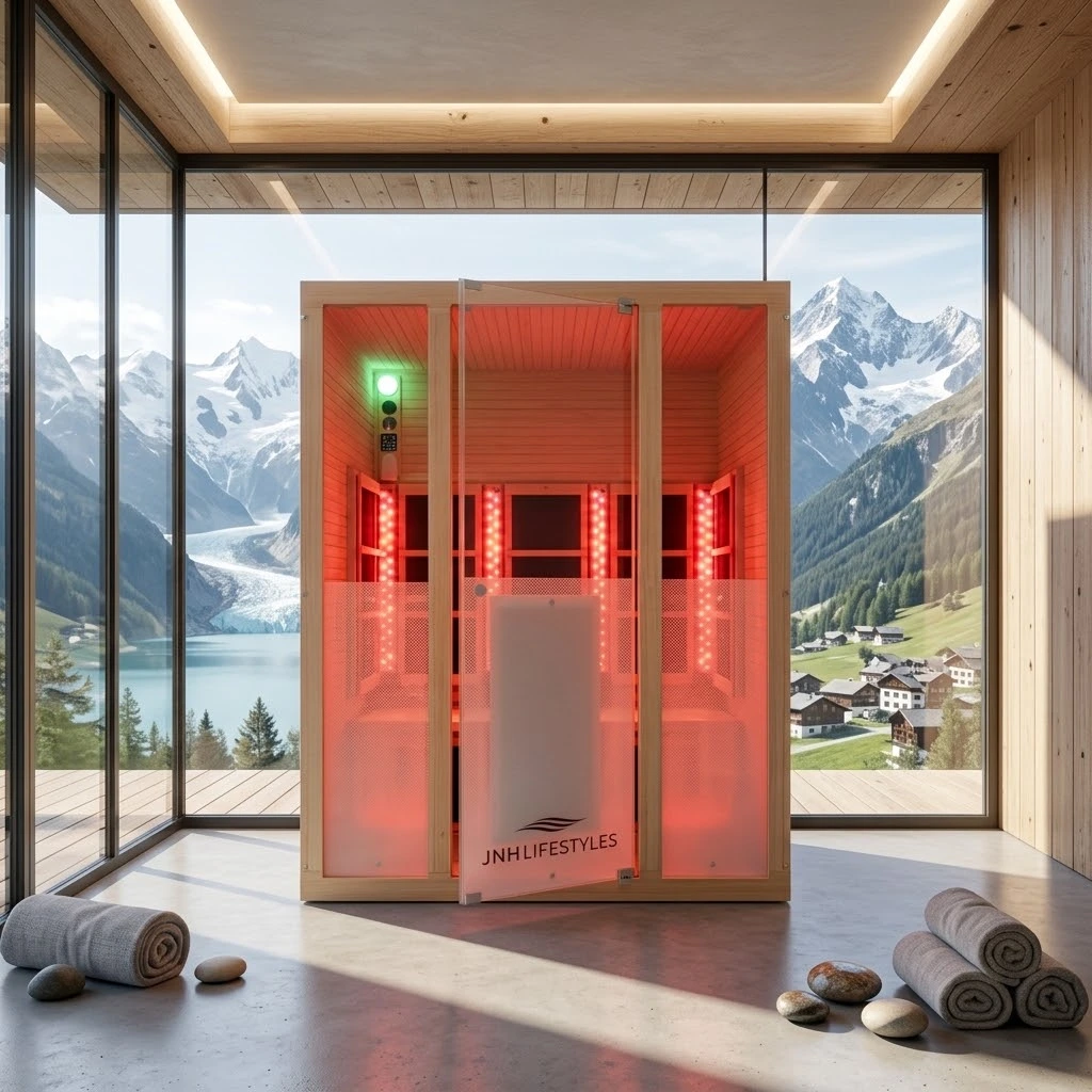 image of JNH Lifestyles 3-person IR sauna with red light therapy inside, cabin located in Alps wellness sanctuary