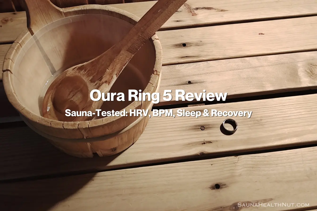 Oura Ring 5 sitting next to sauna bucket inside traditional sauna