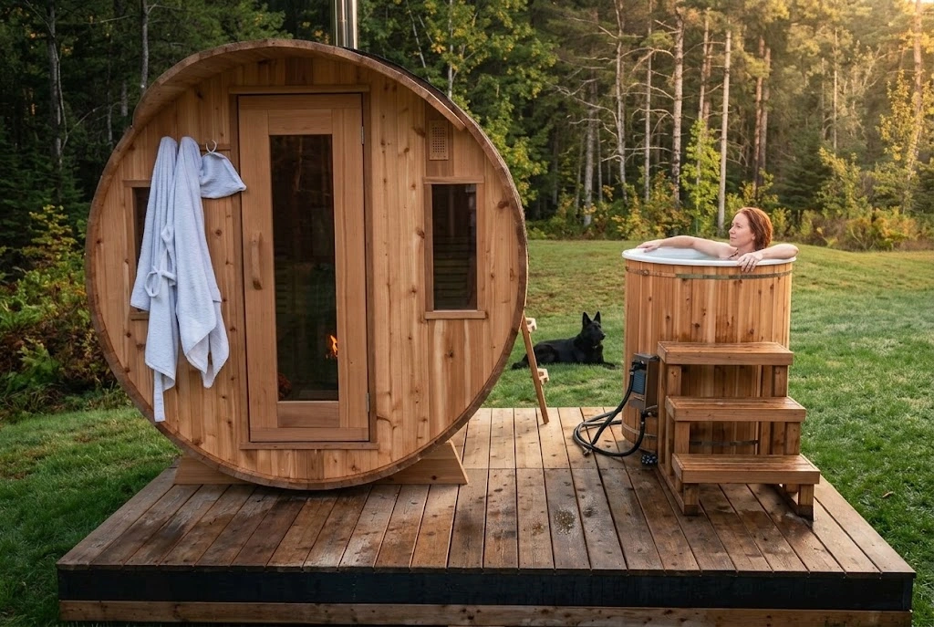 A woman sitting in a cold plunge tub outside next to her barrel sauna.
