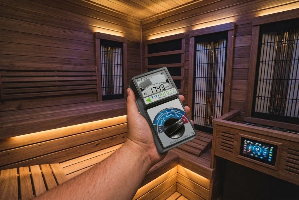 a man holding a TriField TF2 EMF meter in his hand testing inside a sauna cabin