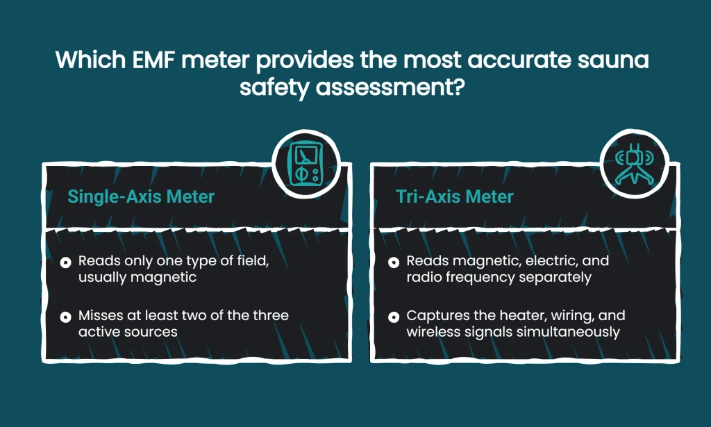 Diagram showing difference between single-axis meter and tri-axis meter for emf meter uses